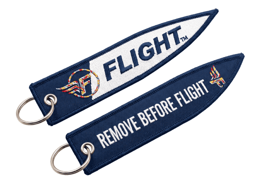Blue custom shaped FLIGHT keychains